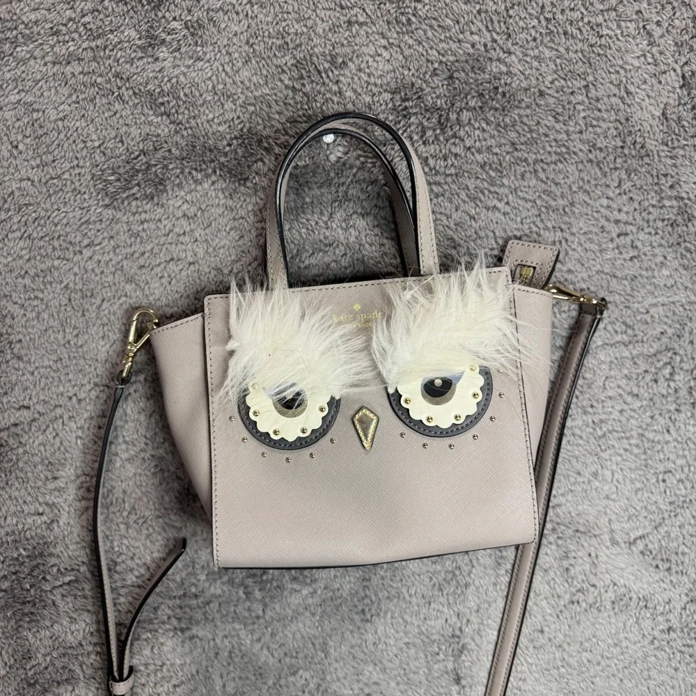 Kate Spade Star Bright Owl Lottie Satchel Taupe Saffiano Leather Crossbody Bag
